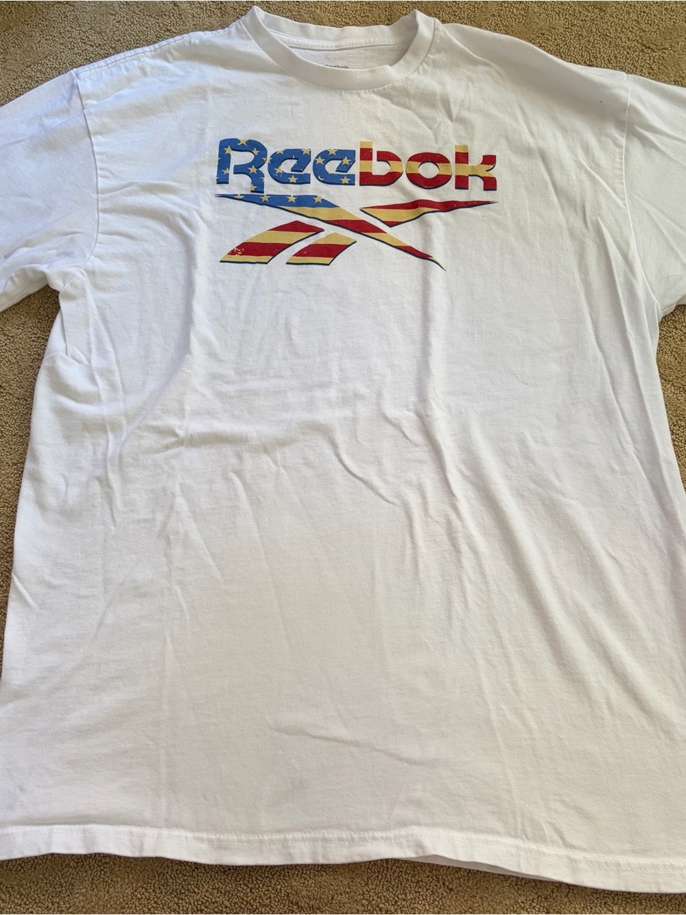 Reebok White Tee with Red, Blue and Yellow Flag Logo XL